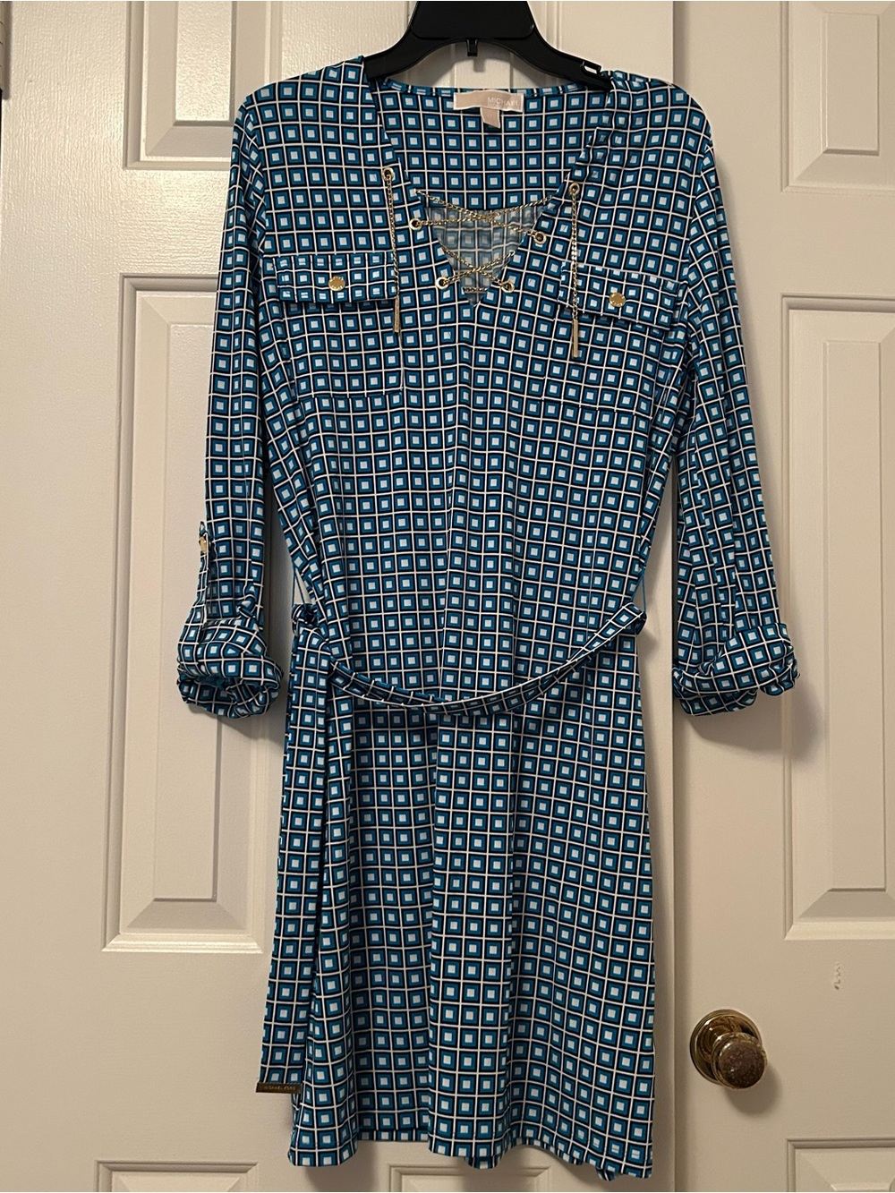 Michael Kors Geometric Long Sleeve Dress Chain Lace Up Belted Size Medium